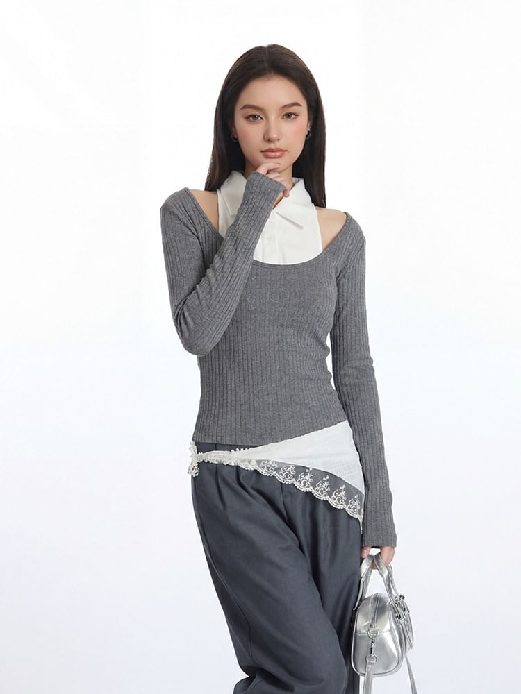 Two-Tone Crop Top with Collar, Cold Shoulder, and Slim Fit