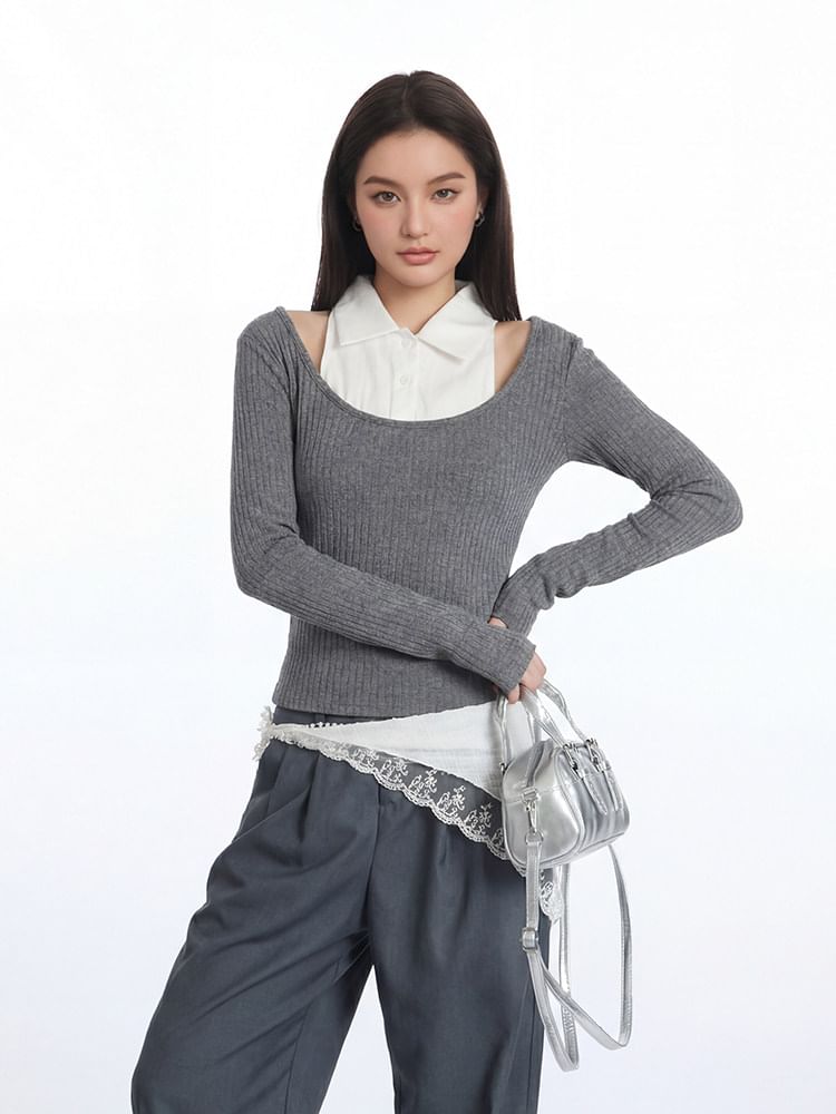 Two-Tone Crop Top with Collar, Cold Shoulder, and Slim Fit