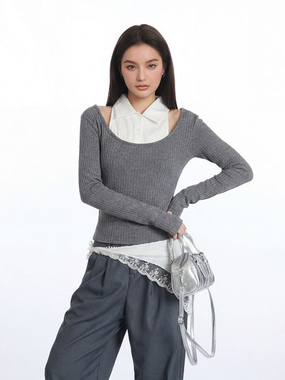 Two-Tone Crop Top with Collar, Cold Shoulder, and Slim Fit