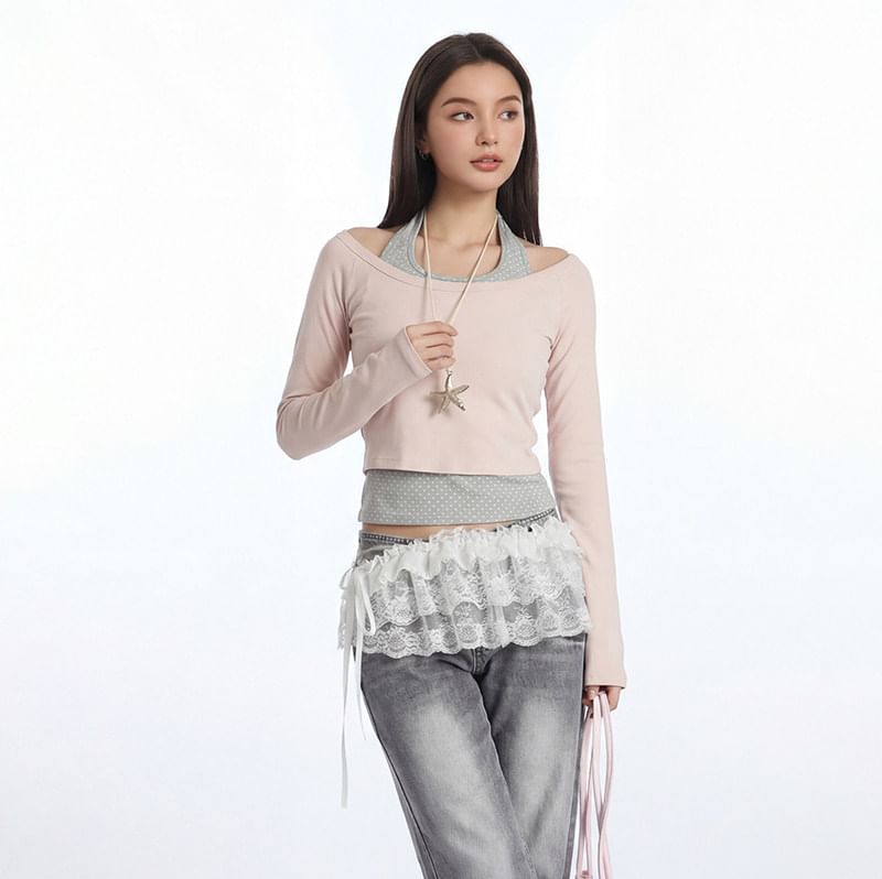 Micro Dot Crop T-Shirt with Halter Neck and Long Sleeves