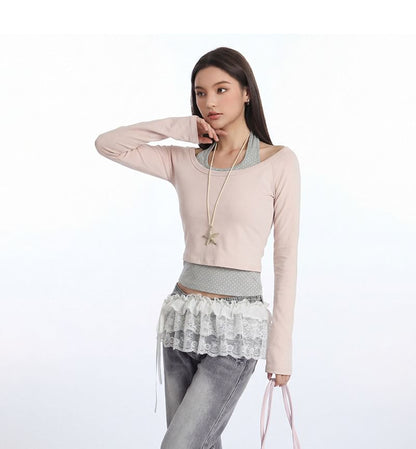 Micro Dot Crop T-Shirt with Halter Neck and Long Sleeves