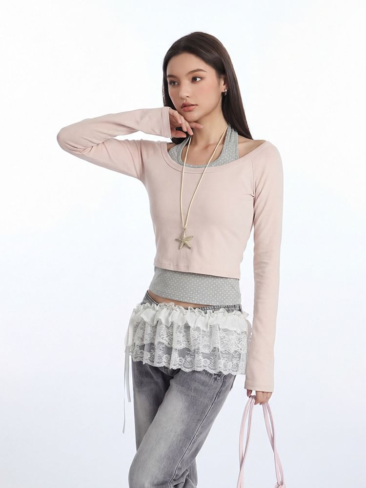 Micro Dot Crop T-Shirt with Halter Neck and Long Sleeves