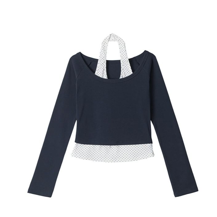 Micro Dot Crop T-Shirt with Halter Neck and Long Sleeves