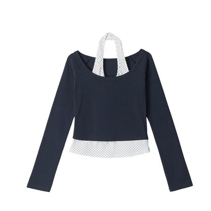 Micro Dot Crop T-Shirt with Halter Neck and Long Sleeves