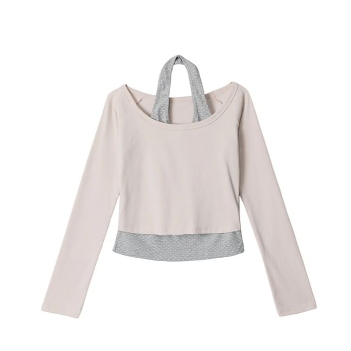 Micro Dot Crop T-Shirt with Halter Neck and Long Sleeves