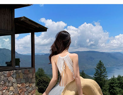 Spaghetti Strap V-Neck Lace Panel Tiered Open Back Maxi A-Line Dress