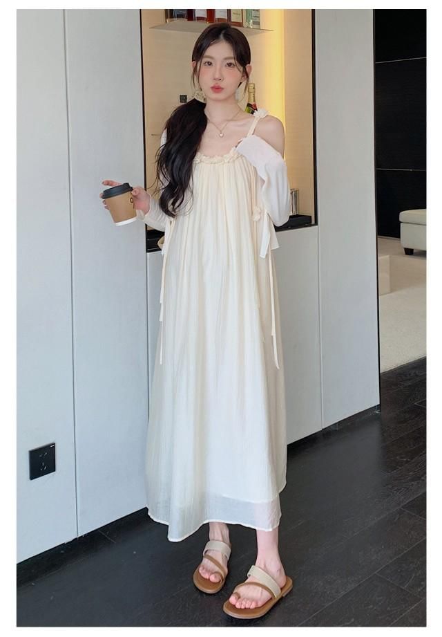 Maternity Plain Crop Cardigan / Spaghetti Strap Maxi A-Line Dress