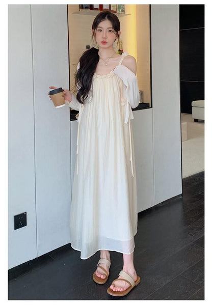 Maternity Plain Crop Cardigan / Spaghetti Strap Maxi A-Line Dress