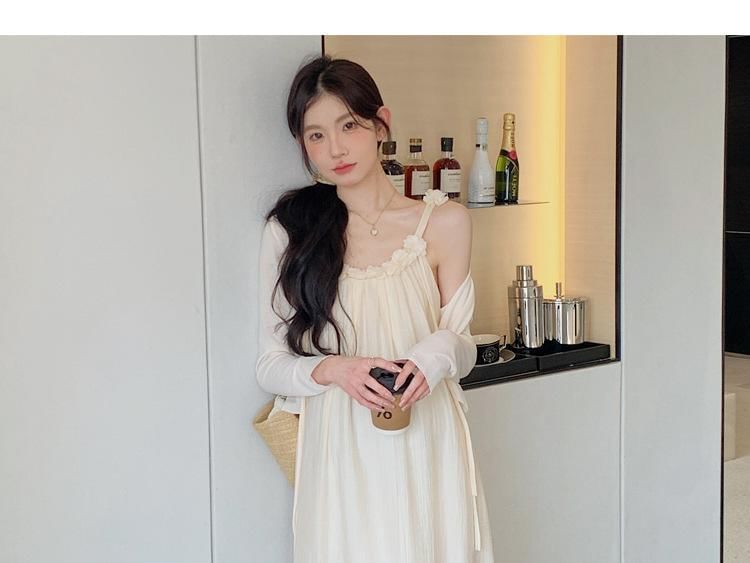 Maternity Plain Crop Cardigan / Spaghetti Strap Maxi A-Line Dress