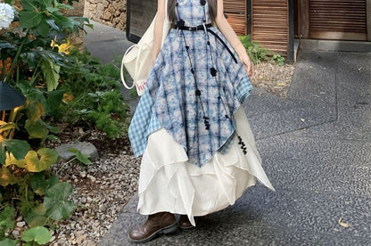 Spaghetti Strap Plaid Panel Midi A-Line Dress / High Waist Plain Asymmetrical Maxi A-Line Skirt