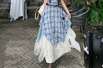 Spaghetti Strap Plaid Panel Midi A-Line Dress / High Waist Plain Asymmetrical Maxi A-Line Skirt