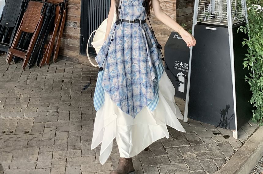 Spaghetti Strap Plaid Panel Midi A-Line Dress / High Waist Plain Asymmetrical Maxi A-Line Skirt