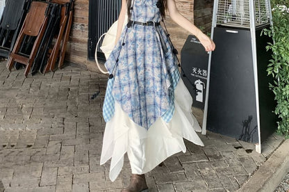 Spaghetti Strap Plaid Panel Midi A-Line Dress / High Waist Plain Asymmetrical Maxi A-Line Skirt