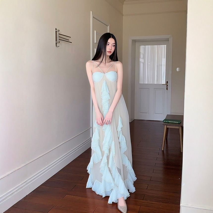 Strappy Ruffle Sheer Maxi A-Line Dress