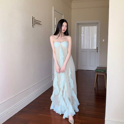 Strappy Ruffle Sheer Maxi A-Line Dress