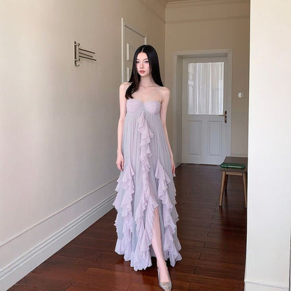 Strappy Ruffle Sheer Maxi A-Line Dress