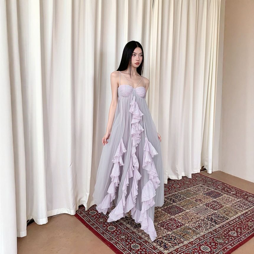Strappy Ruffle Sheer Maxi A-Line Dress