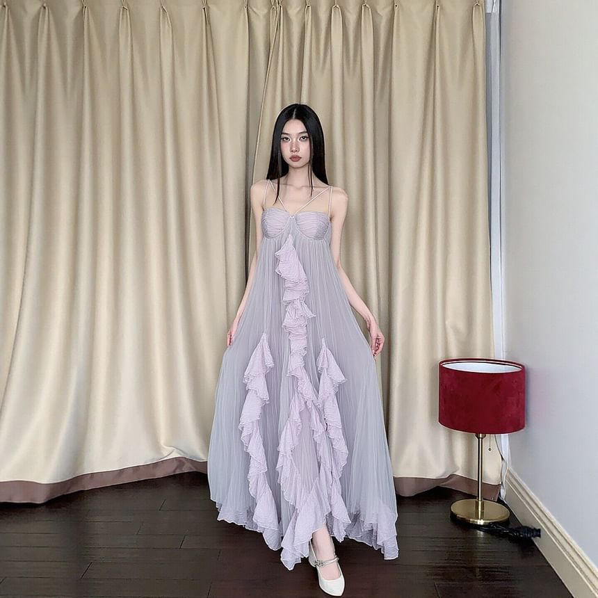 Strappy Ruffle Sheer Maxi A-Line Dress