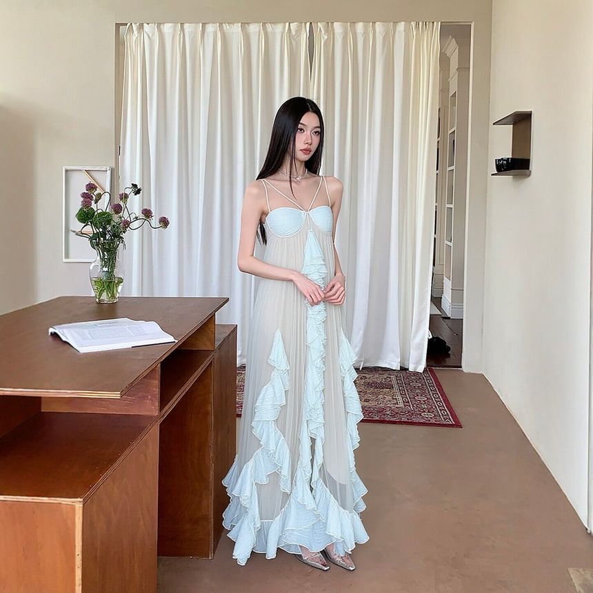 Strappy Ruffle Sheer Maxi A-Line Dress