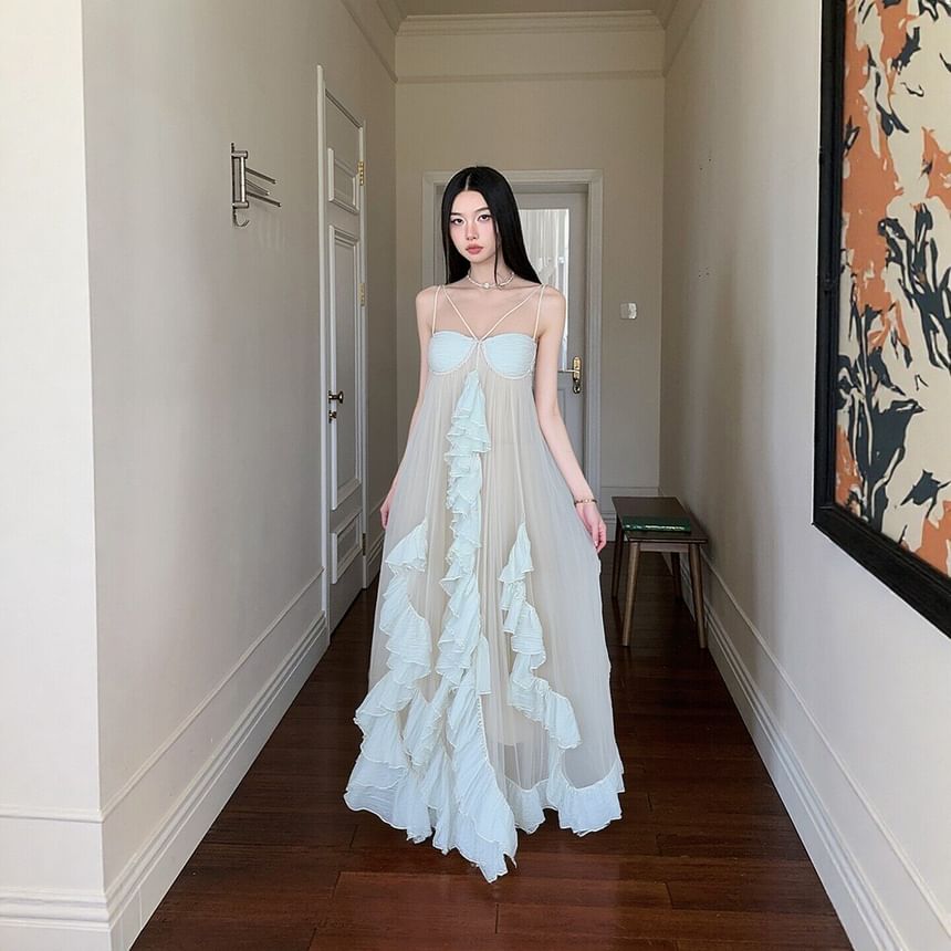 Strappy Ruffle Sheer Maxi A-Line Dress