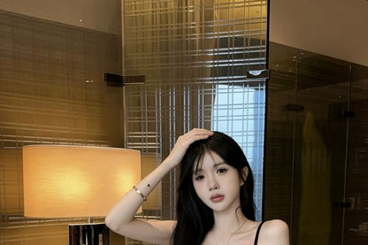Spaghetti Strap Scoop Neck Plain Rhinestone Mini Bodycon Dress