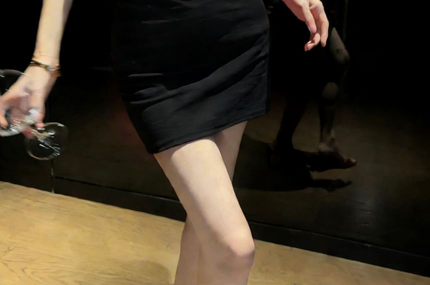 Spaghetti Strap Scoop Neck Plain Rhinestone Mini Bodycon Dress