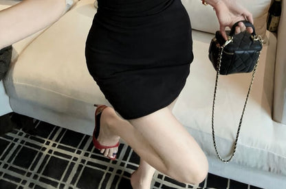 Spaghetti Strap Scoop Neck Plain Rhinestone Mini Bodycon Dress