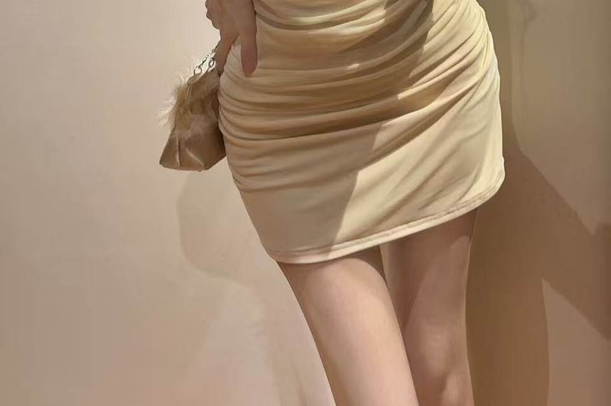 Spaghetti Strap Plain Cutout Ruched Mini Sheath Dress