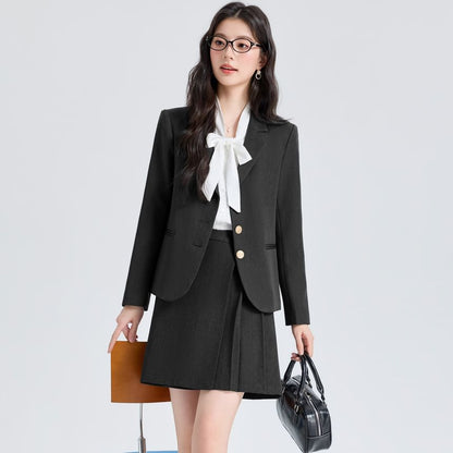 Coordinated Set: Blazer, Pleated Mini Skirt, and Tie Neck Blouse