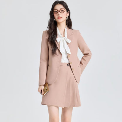 Coordinated Set: Blazer, Pleated Mini Skirt, and Tie Neck Blouse