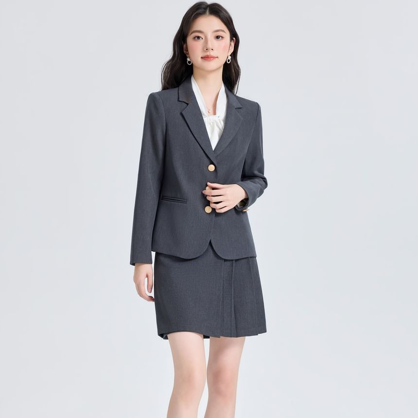Blazer and Skirt Set with Pleated Mini and Tie Neck Blouse