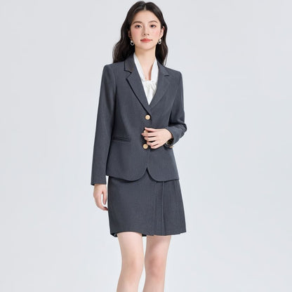 Blazer and Skirt Set with Pleated Mini and Tie Neck Blouse
