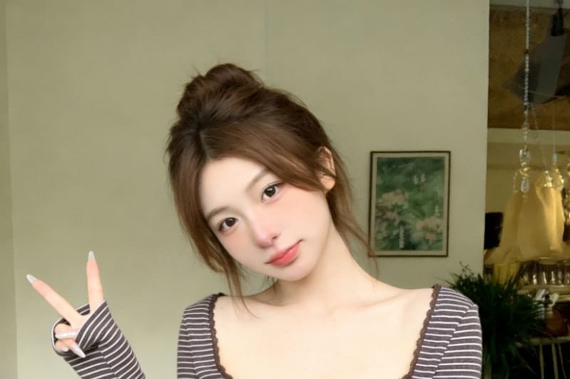 Square Neck Striped Lace-Trim Button Blouse