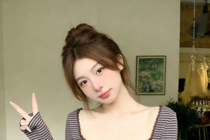Square Neck Striped Lace-Trim Button Blouse