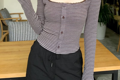 Square Neck Striped Lace-Trim Button Blouse