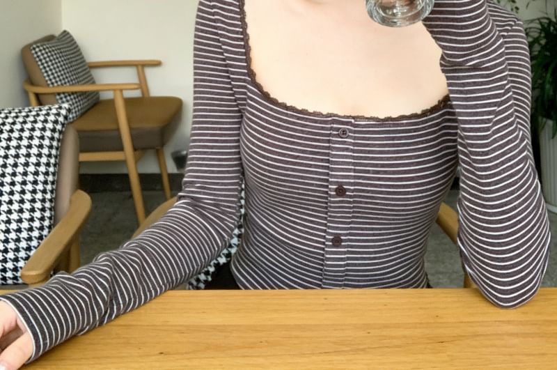 Square Neck Striped Lace-Trim Button Blouse