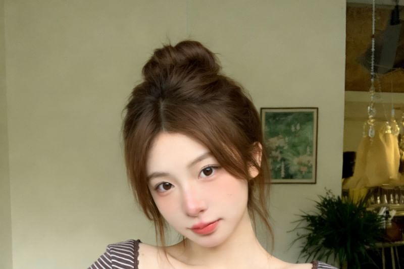 Square Neck Striped Lace-Trim Button Blouse