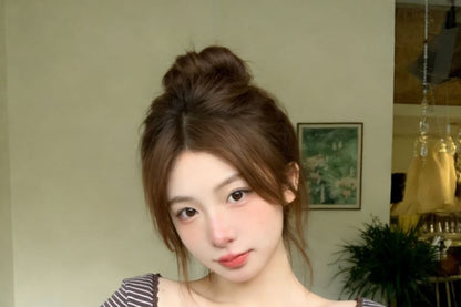 Square Neck Striped Lace-Trim Button Blouse