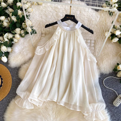 Beaded Sheer Cold-Shoulder Blouse
