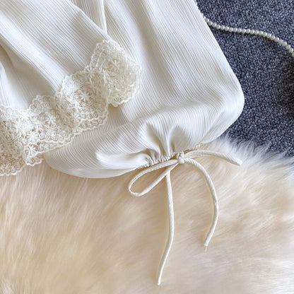 V-Neck Lace Trim Long-Sleeve Crop Blouse