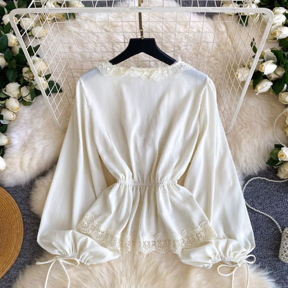 V-Neck Lace Trim Long-Sleeve Crop Blouse