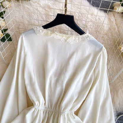 V-Neck Lace Trim Long-Sleeve Crop Blouse