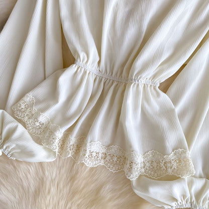 V-Neck Lace Trim Long-Sleeve Crop Blouse