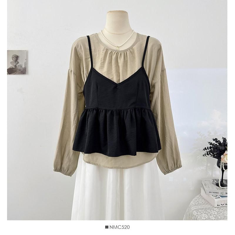 Round Neck Plain Shirt & Peplum V-Neck Cami Set