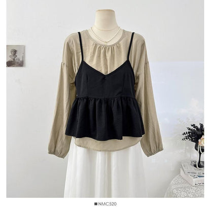 Round Neck Plain Shirt & Peplum V-Neck Cami Set