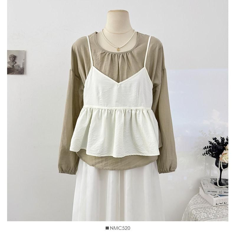 Round Neck Plain Shirt & Peplum V-Neck Cami Set
