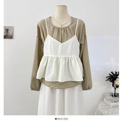 Round Neck Plain Shirt & Peplum V-Neck Cami Set