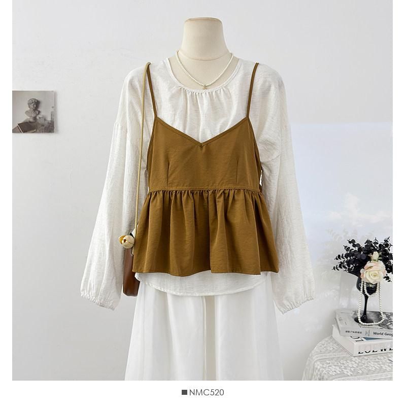 Round Neck Plain Shirt & Peplum V-Neck Cami Set