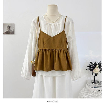 Round Neck Plain Shirt & Peplum V-Neck Cami Set