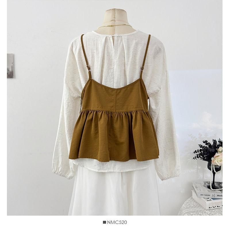 Round Neck Plain Shirt & Peplum V-Neck Cami Set